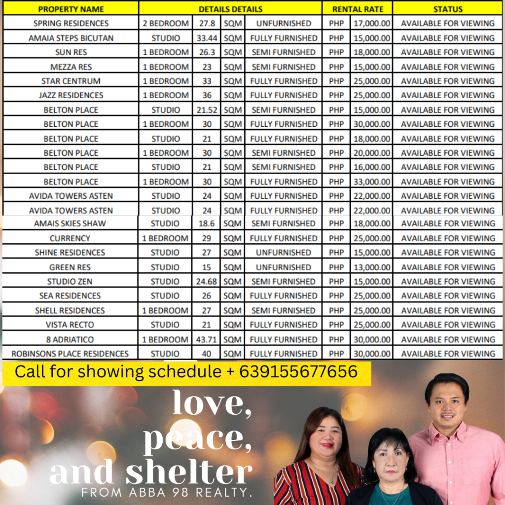 Available apartments and condominium units as of 12.20.2023 in Makati, Manila, Bicutan, Mall of Asia, Ortigas and Mandaluyong.
